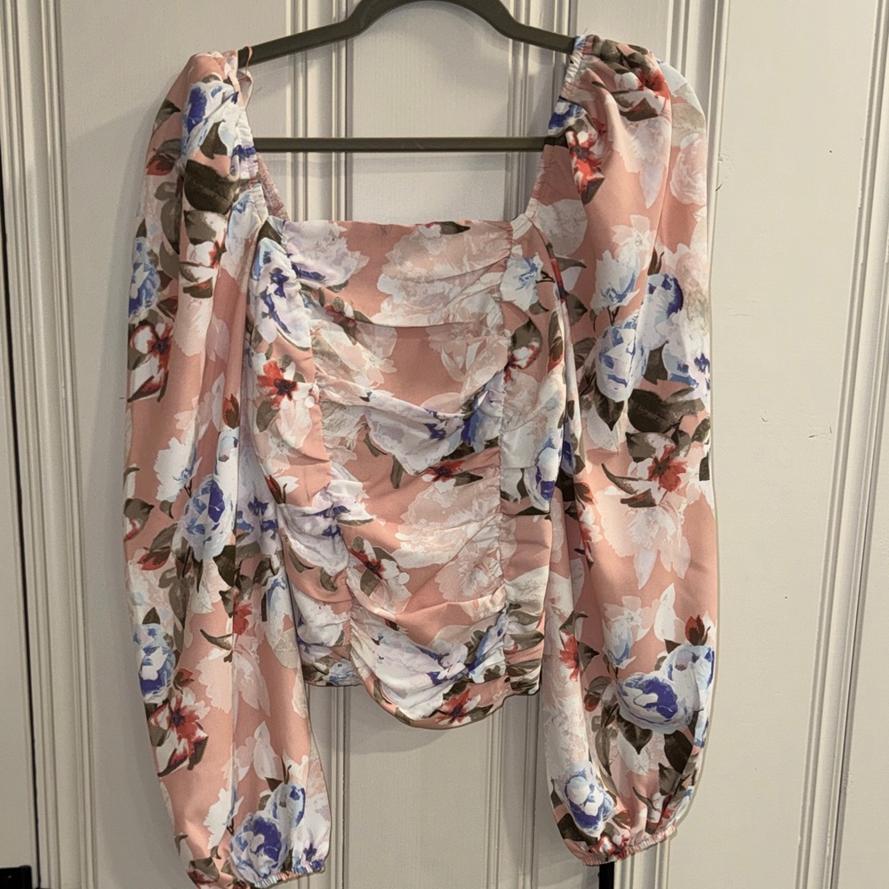 Express Floral Puff Sleeve Blouse - Pink and Blue